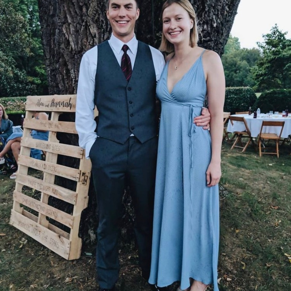 Blue maxi wrap dress.